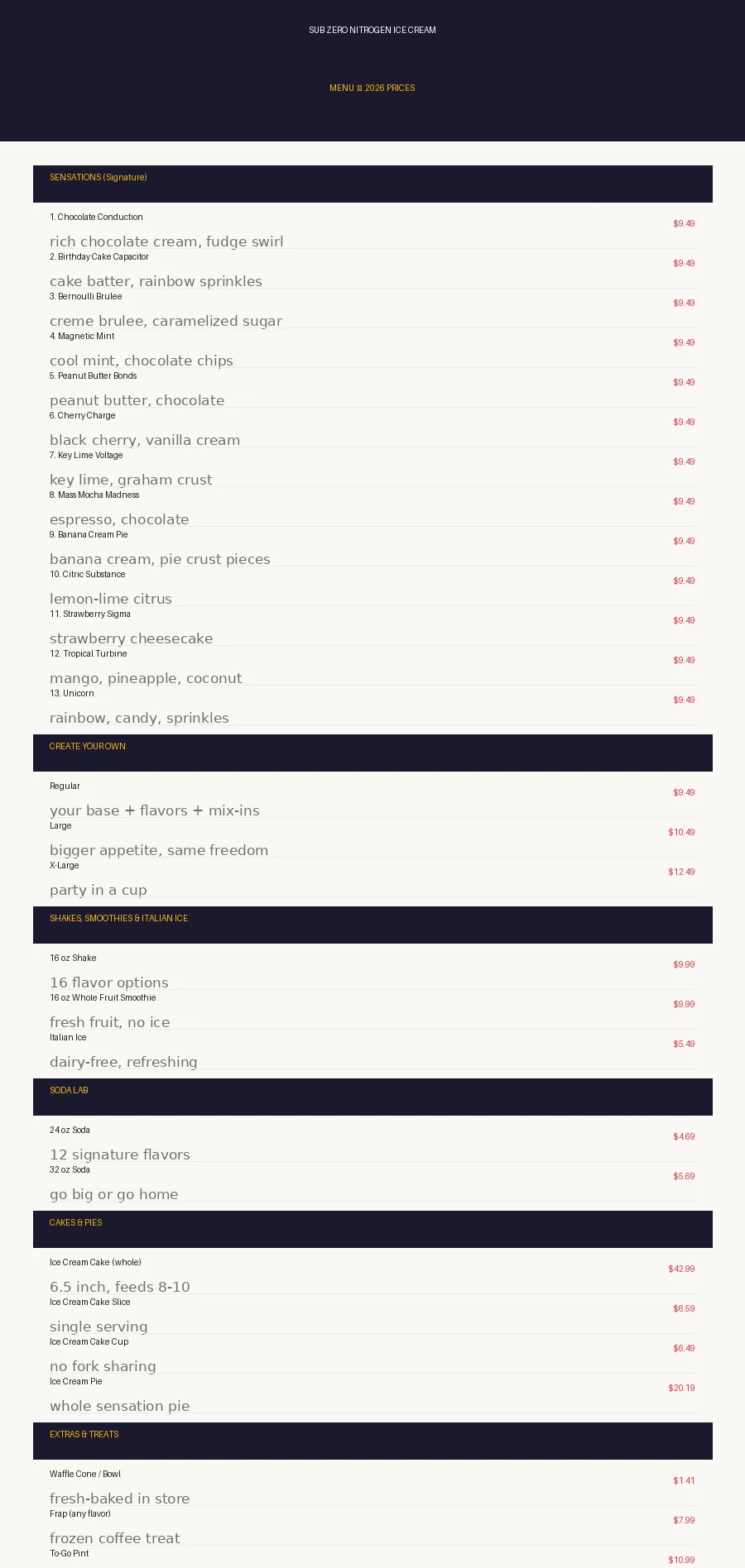 Sub Zero menu card with 2026 prices for Sensations, Create Your Own, Soda Lab and cakes