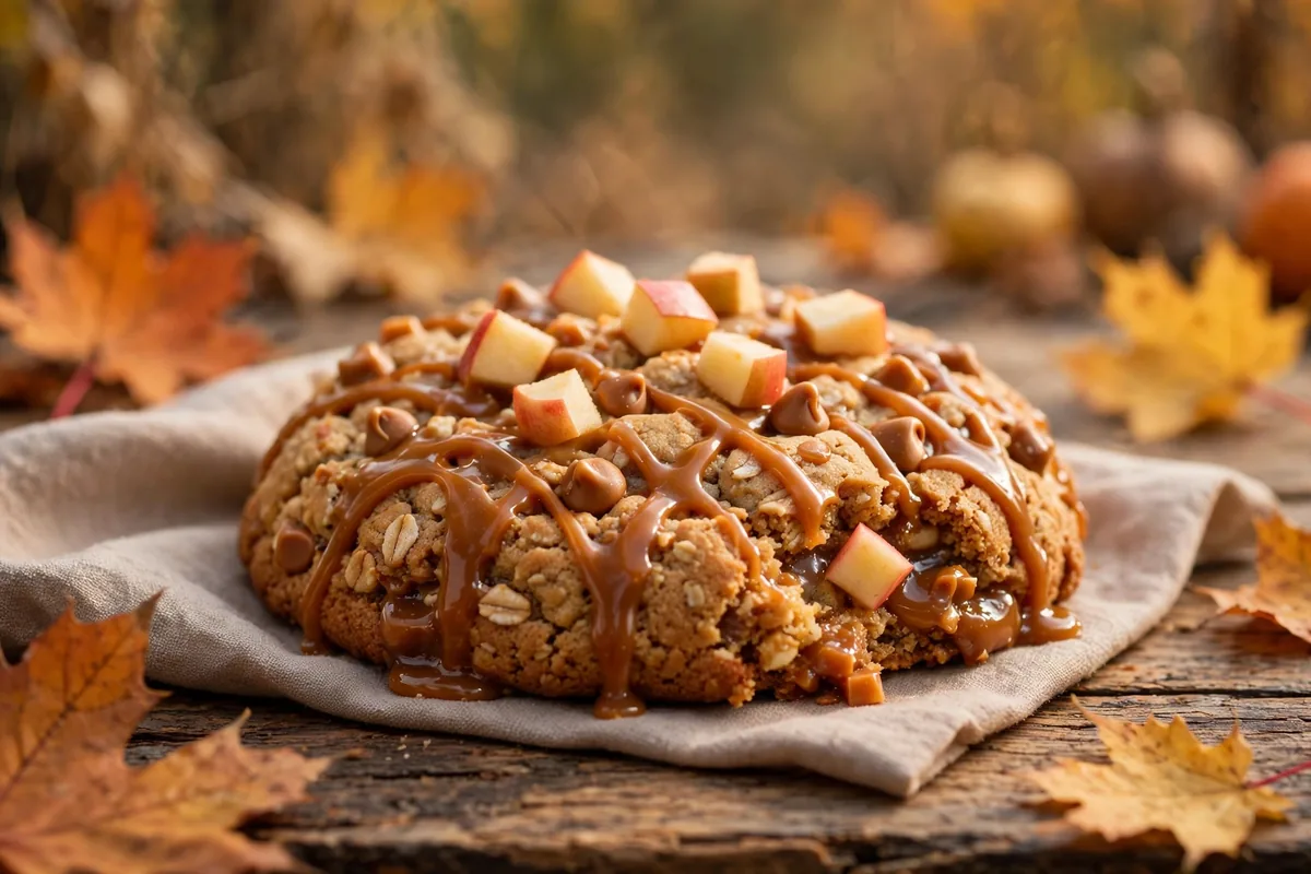 Subway Caramel Apple Cookie with caramel drizzle and apple pieces
