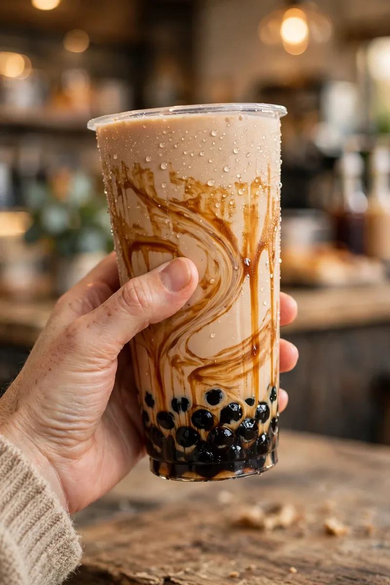 Sunright boba milk tea price brown sugar tiger stripe drink close-up