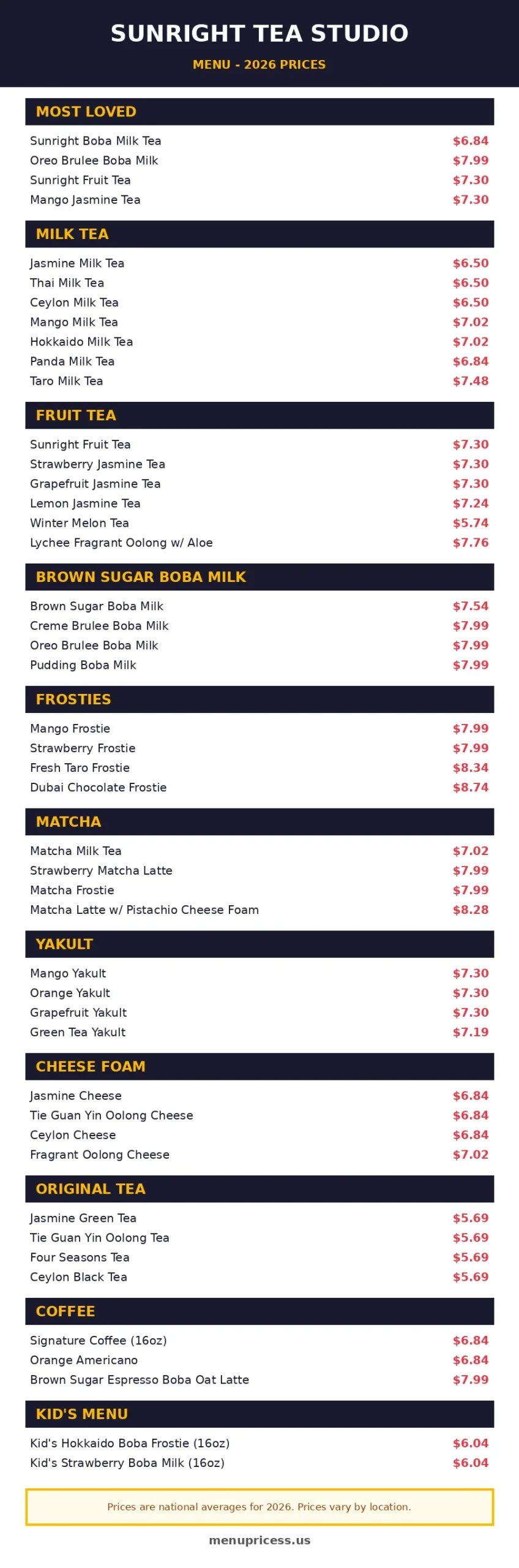 Sunright tea menu prices 2026 menu card with drink prices