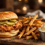 Super Chix menu — crispy chicken sandwich with hand-cut fries and frozen custard