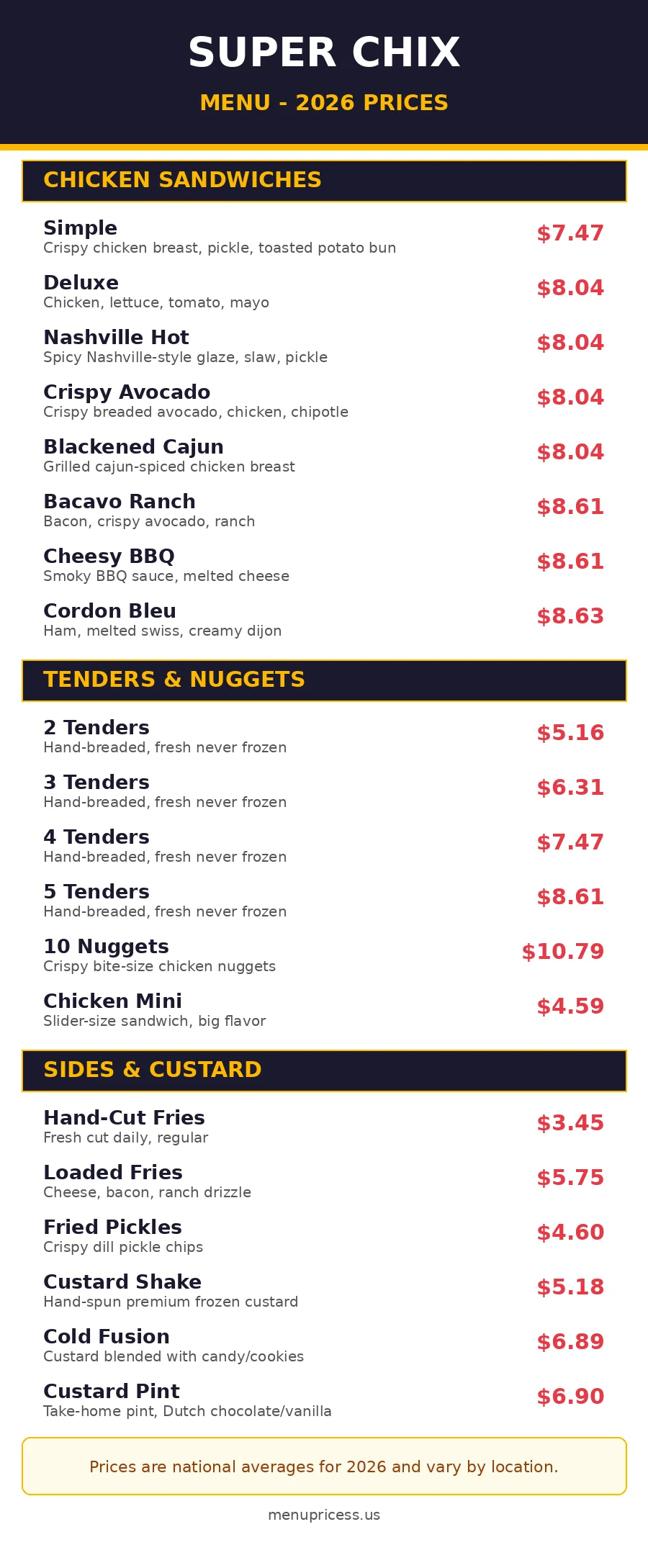 Super Chix menu card with prices 2026