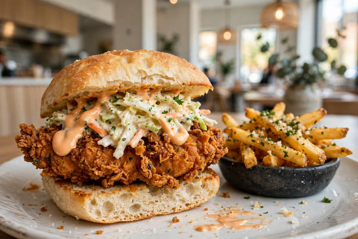 Super Duper Burgers fried chicken sandwich and garlic fries menu prices