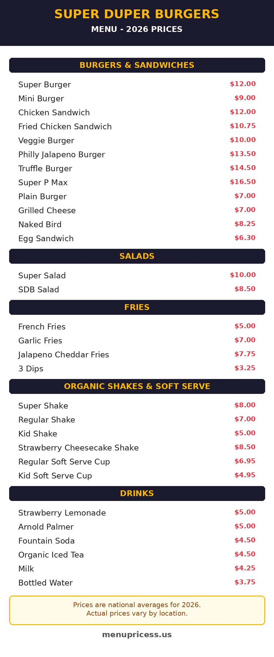 Super Duper Burgers menu prices 2026 menu card with full prices