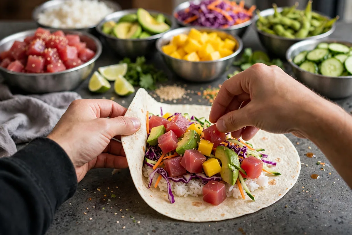 Sweetfin menu poke burrito being made fresh at the counter with tuna rice avocado