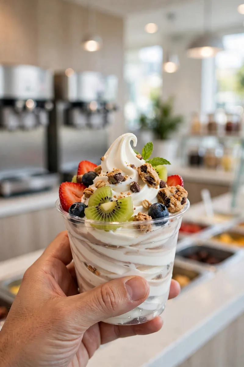 sweetfrog menu - frozen yogurt cup with fresh fruit and cookie toppings
