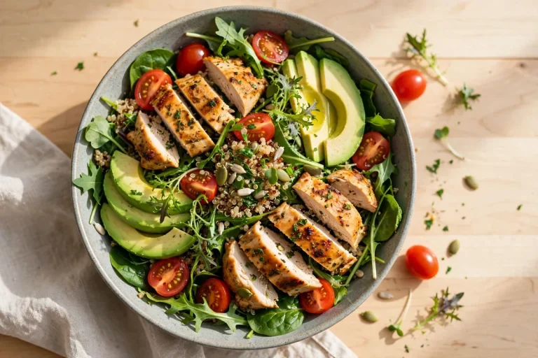 Sweetgreen menu calories: fresh salad bowl with greens, avocado and roasted chicken
