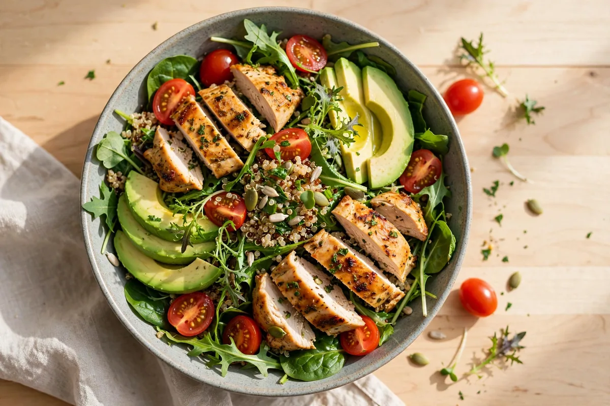 Sweetgreen menu calories: fresh salad bowl with greens, avocado and roasted chicken