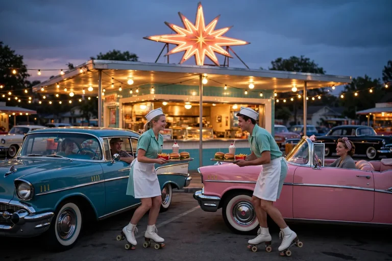 Swensons Drive-In retro drive-in exterior at dusk