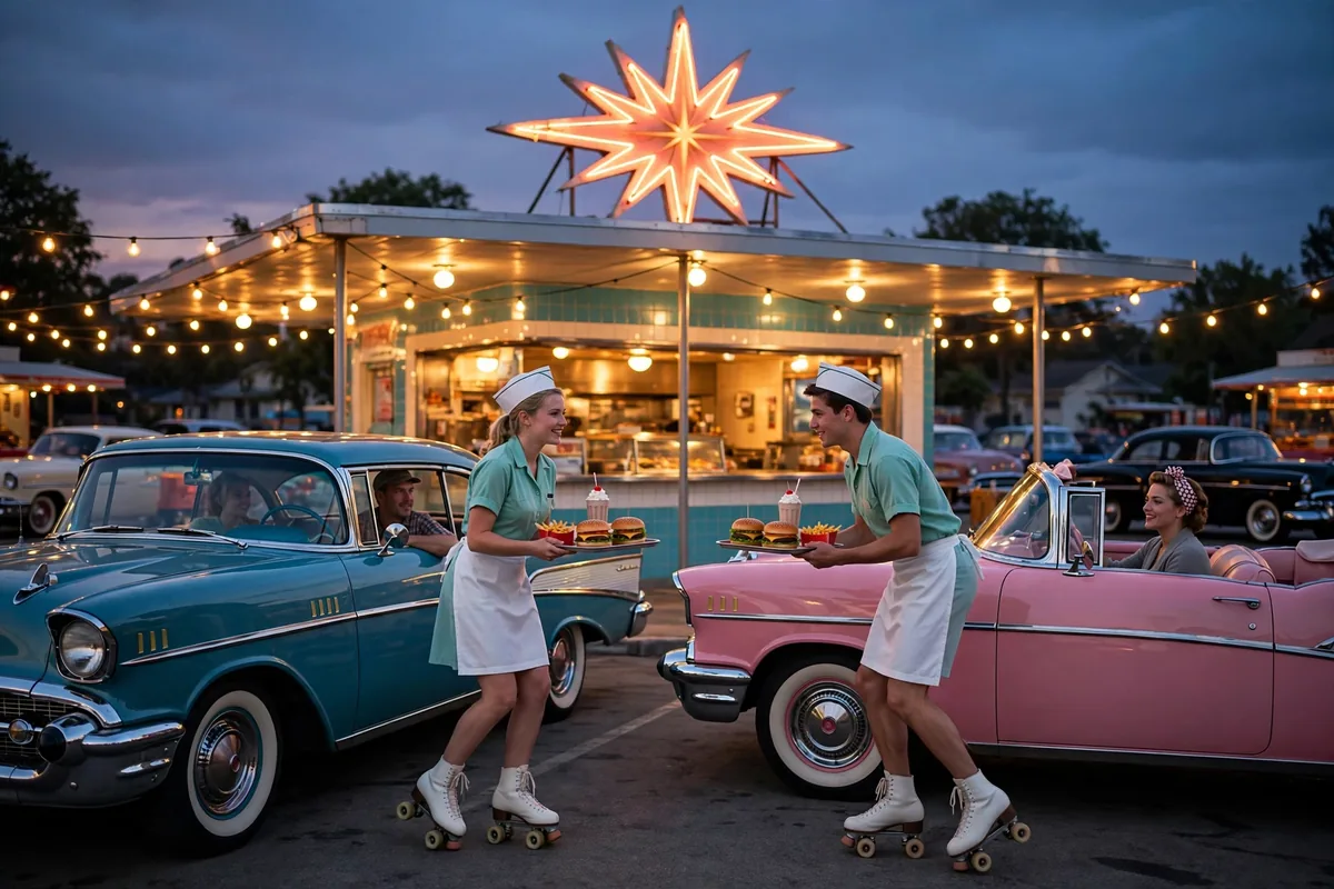 Swensons Drive-In retro drive-in exterior at dusk