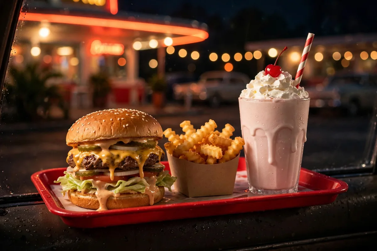 Swensons Drive-In working hours at a classic drive-in restaurant at dusk
