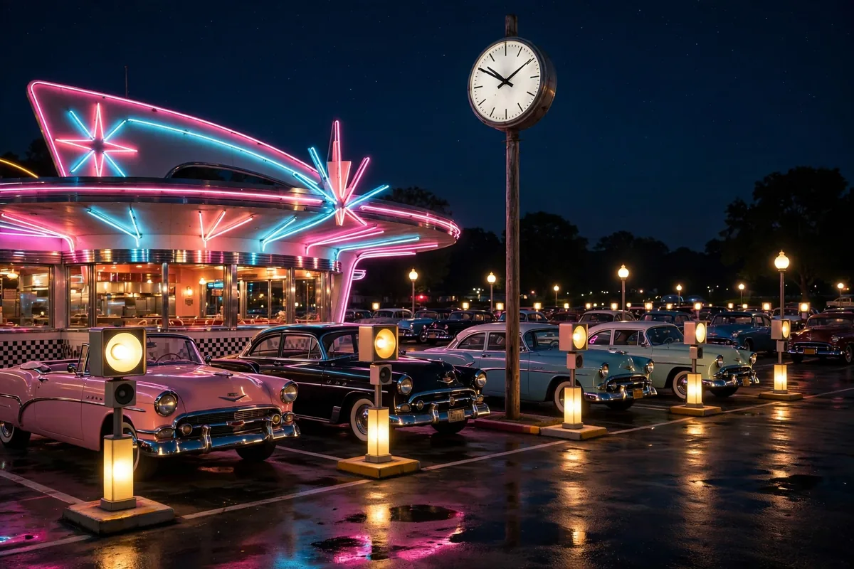 Swensons late night hours at a drive-in restaurant with neon signs and a clock showing evening