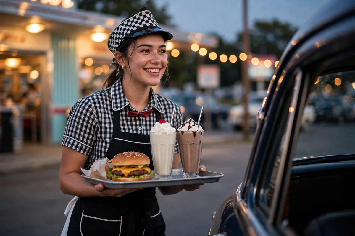 Swensons Drive-In locations, drive-in restaurant at dusk with cars in stalls
