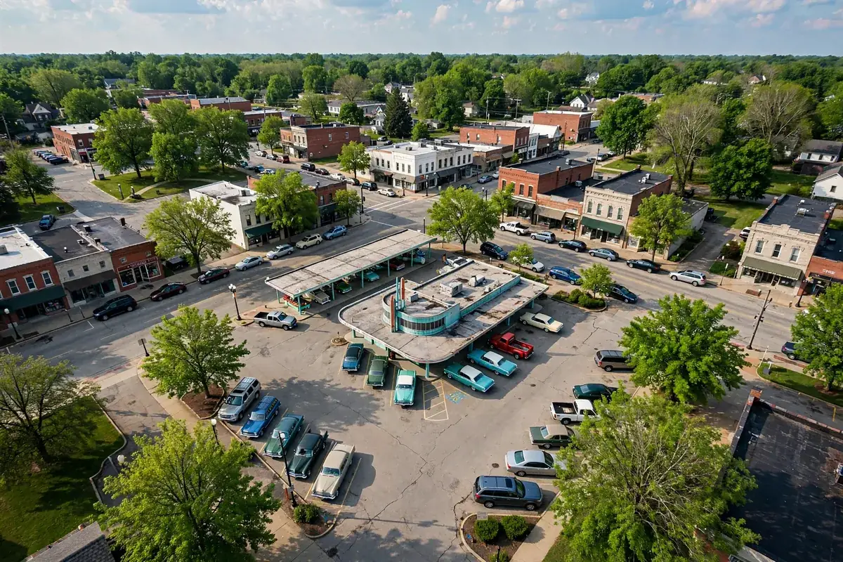 Swensons Drive-In Ohio locations, small town street with vintage drive-in restaurant