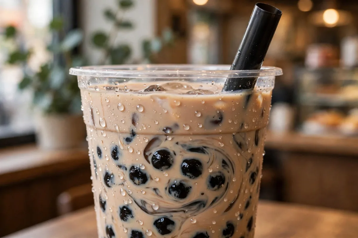 T4 pearl milk tea menu prices close-up with tapioca pearls
