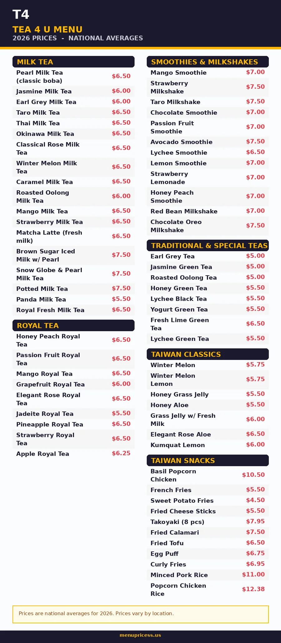 T4 menu card with 2026 prices for milk teas, royal teas, smoothies and snacks