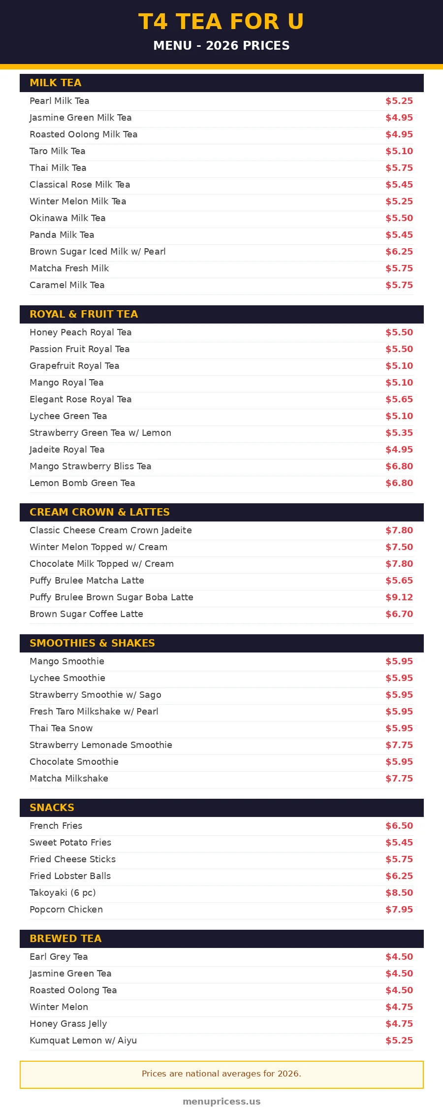 T4 Tea For U menu prices 2026 full menu card with drink and snack prices
