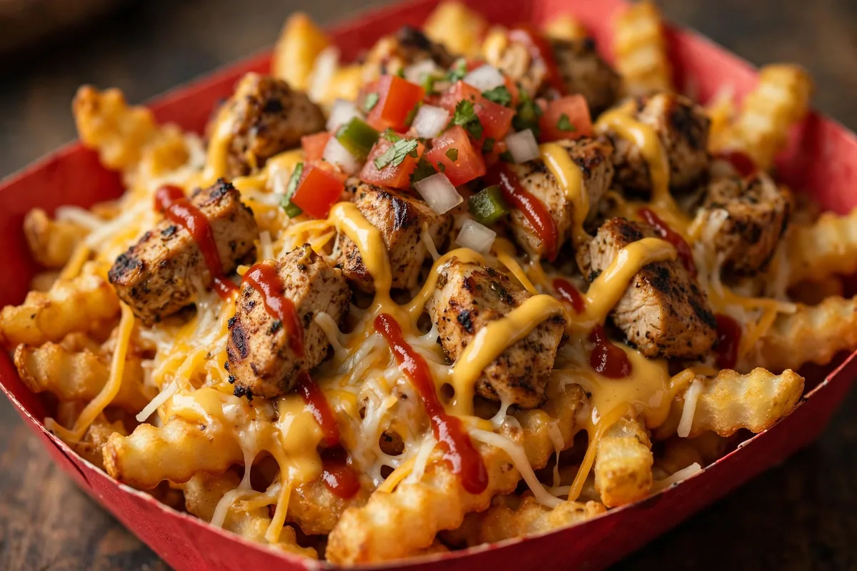 Taco Bell Creamy Sriracha Chicken Nacho Fries topped with grilled chicken, cheese and pico de gallo