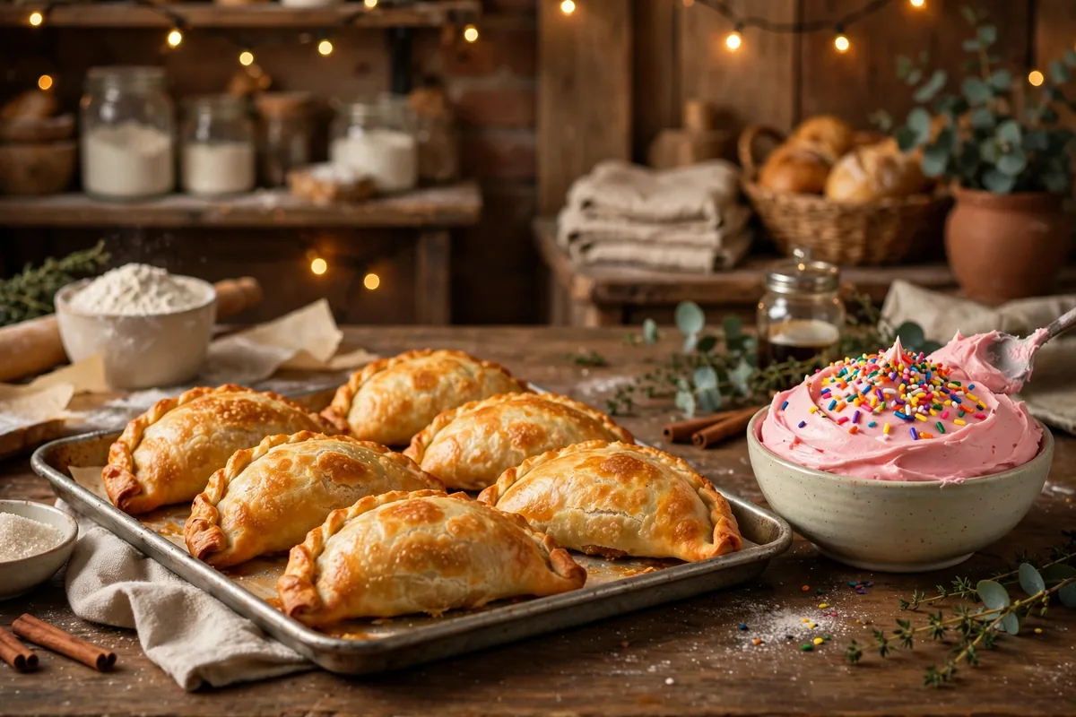 Taco Bell Milk Bar Birthday Cake Empanada recipe preparation with pink birthday frosting and rainbow sprinkles in a bakery kitchen