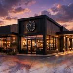 Taco Bell storefront at dusk with drive-thru and clock, illustrating Taco Bell working hours