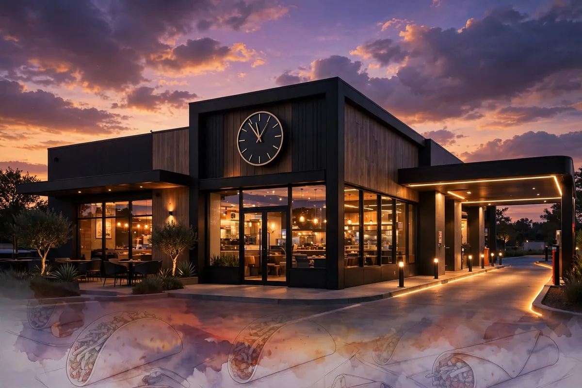 Taco Bell storefront at dusk with drive-thru and clock, illustrating Taco Bell working hours