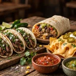 Taco Bueno secret menu spread: tacos, burrito, queso nachos and salsas