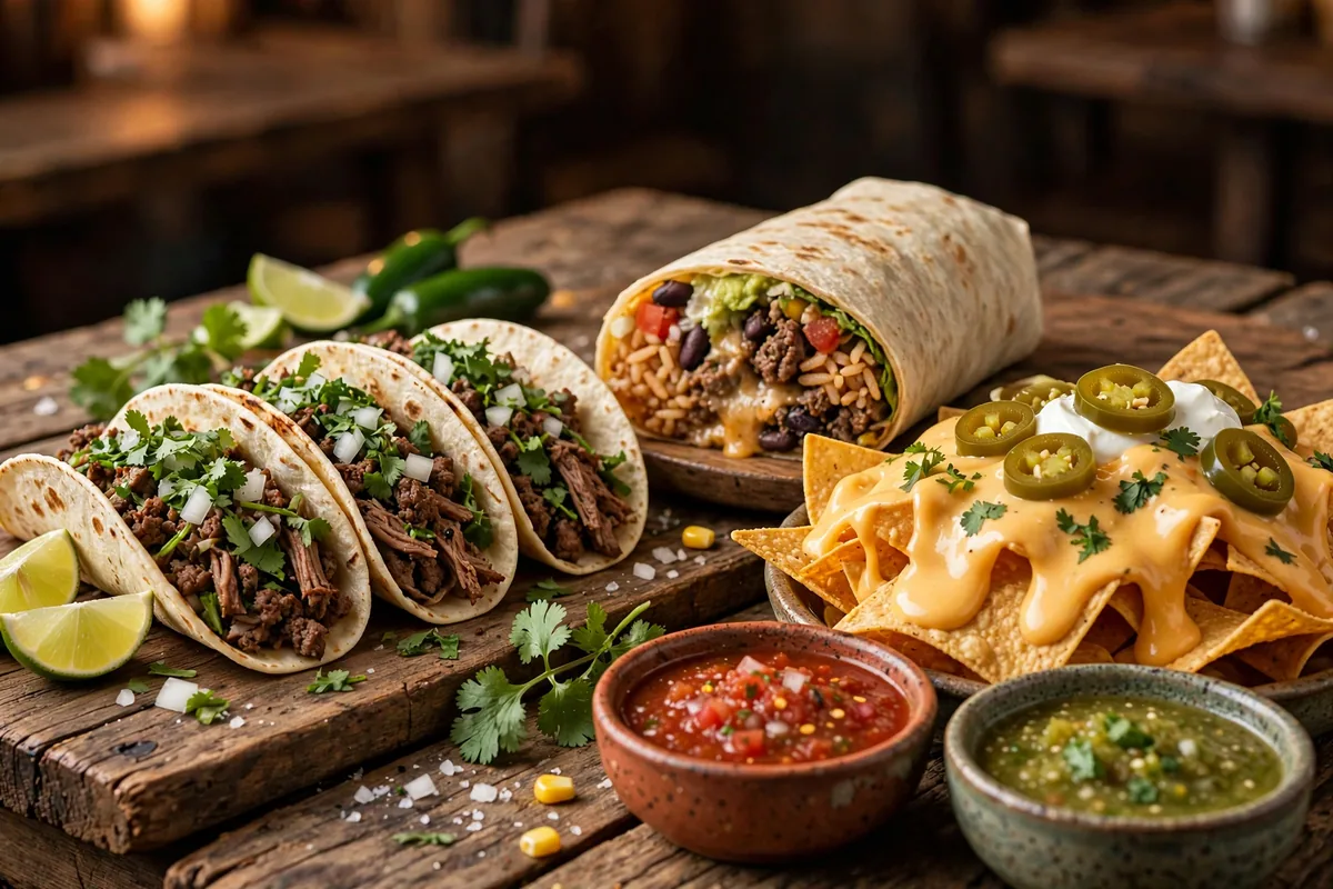 Taco Bueno secret menu spread: tacos, burrito, queso nachos and salsas