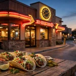 Taco Bueno restaurant storefront at dusk with clock and tacos