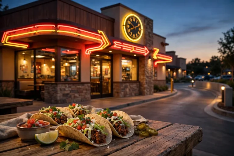 Taco Bueno restaurant storefront at dusk with clock and tacos