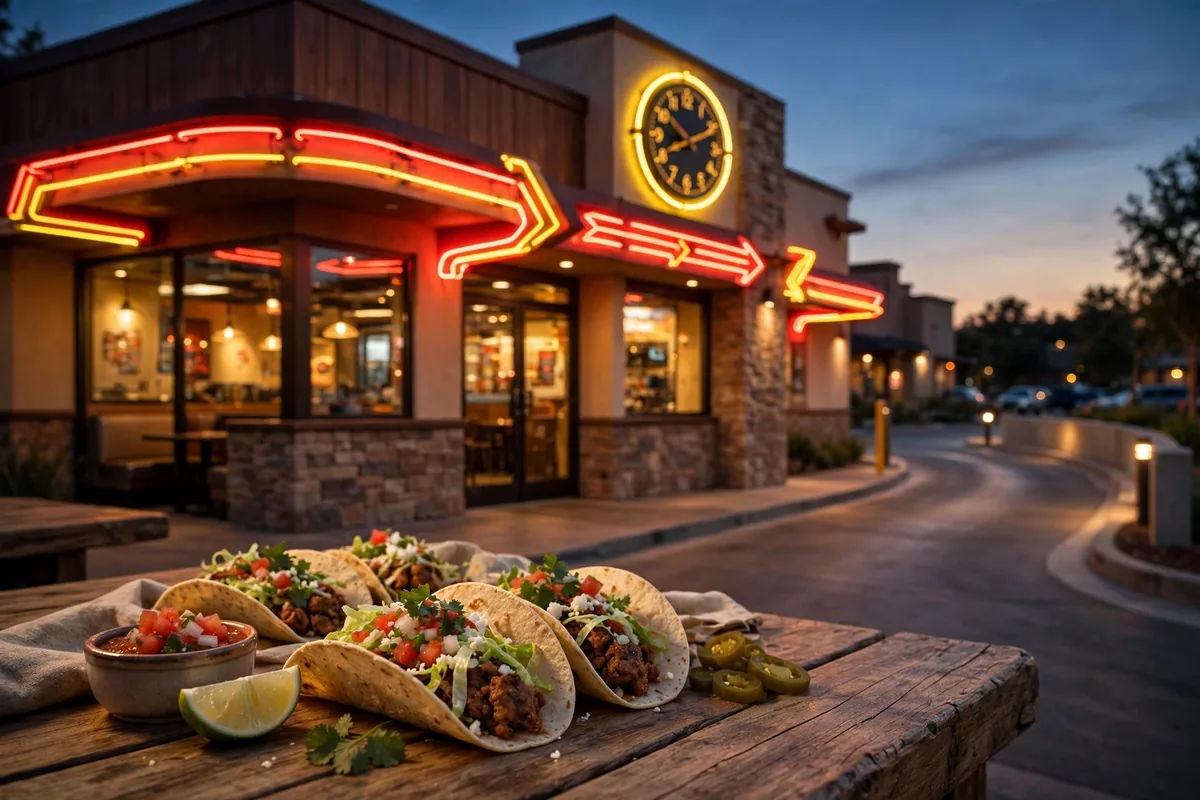 Taco Bueno restaurant storefront at dusk with clock and tacos