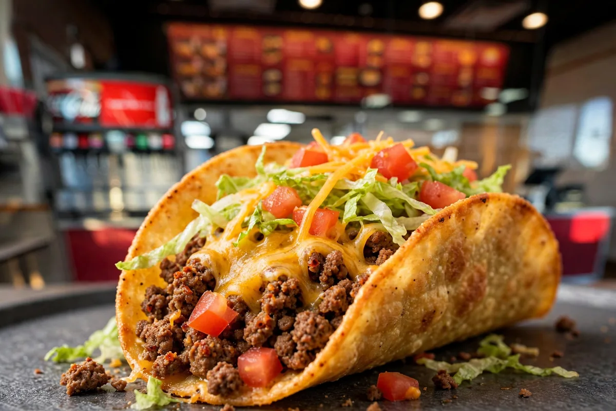 Taco Tico crispy taco menu prices 2026, close up of seasoned beef taco