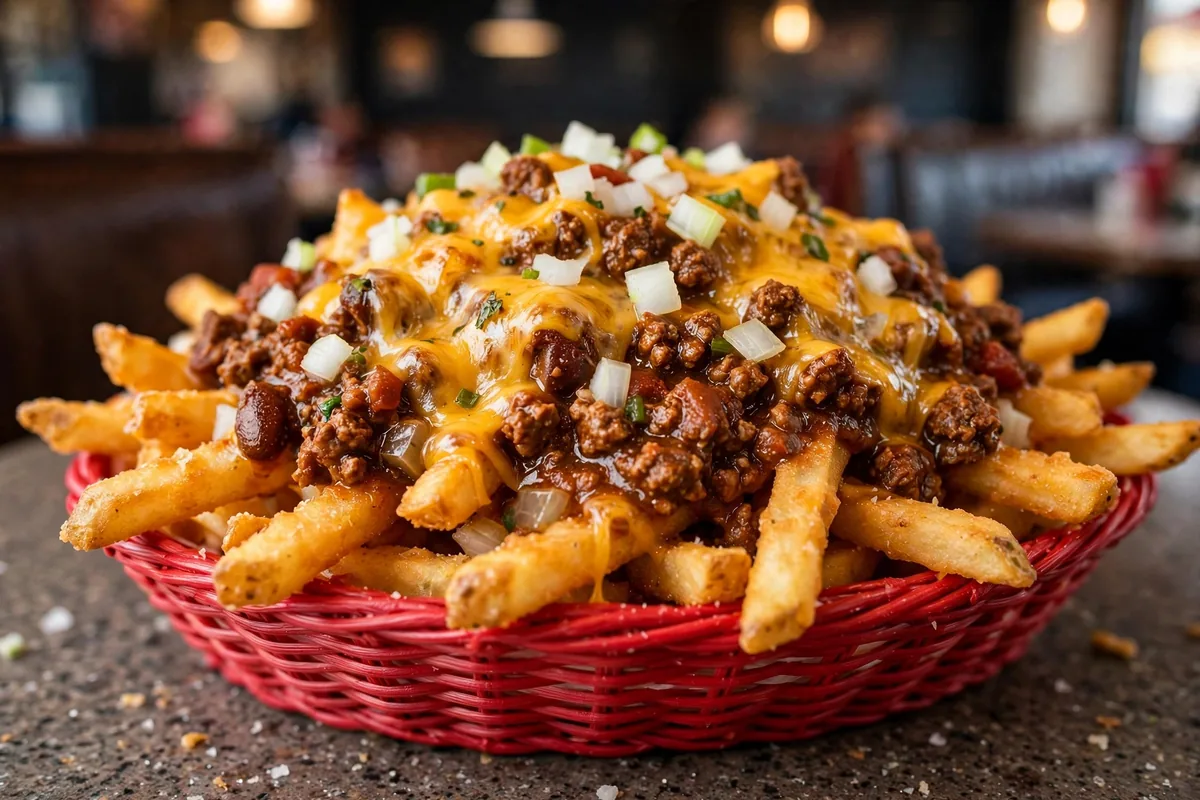 Tam's Burgers chili cheese fries menu prices: loaded chili cheese fries in a basket