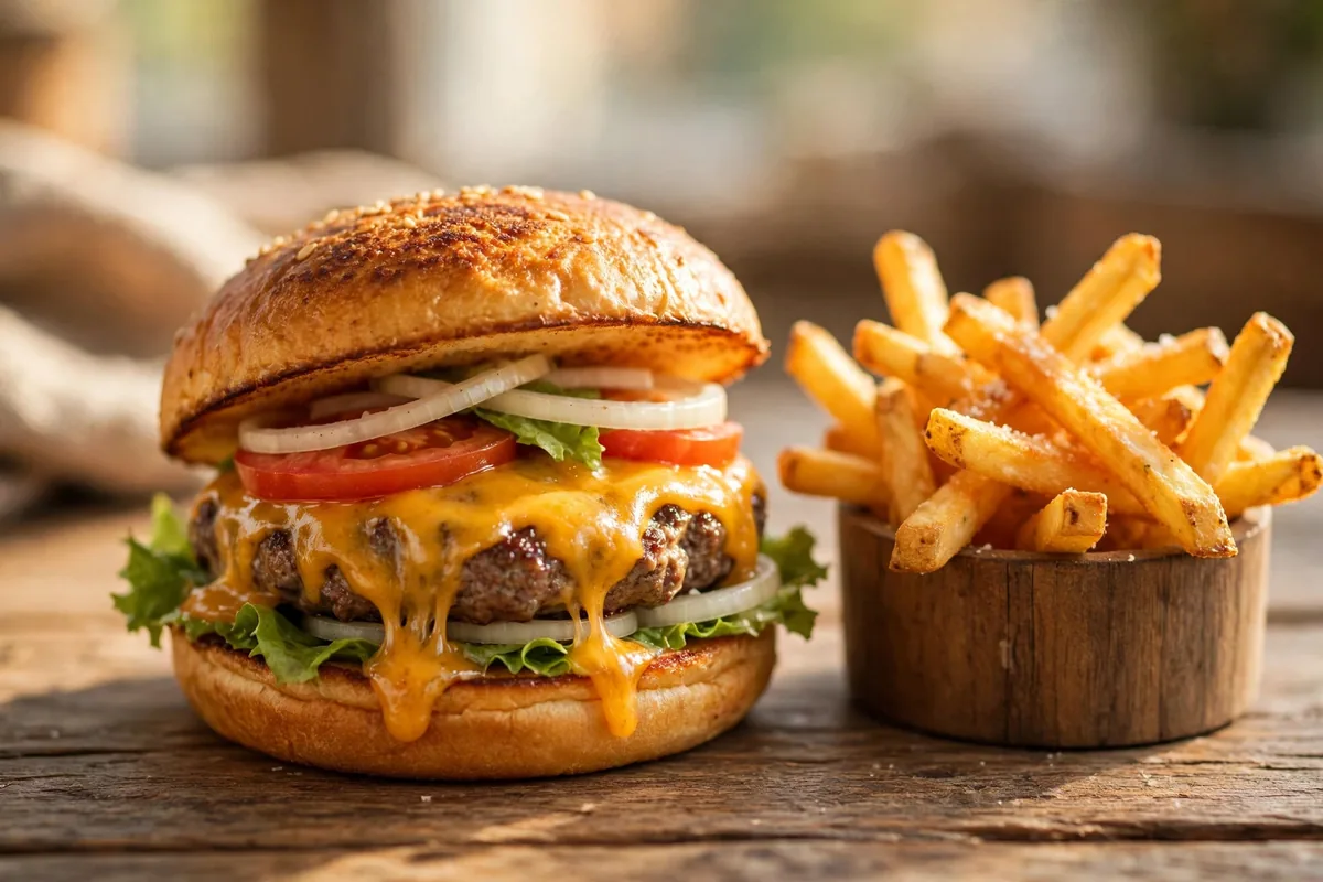 Tasty Burger menu prices - juicy cheeseburger with crispy fries