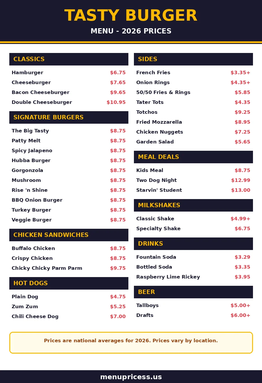 Tasty Burger menu card with 2026 prices