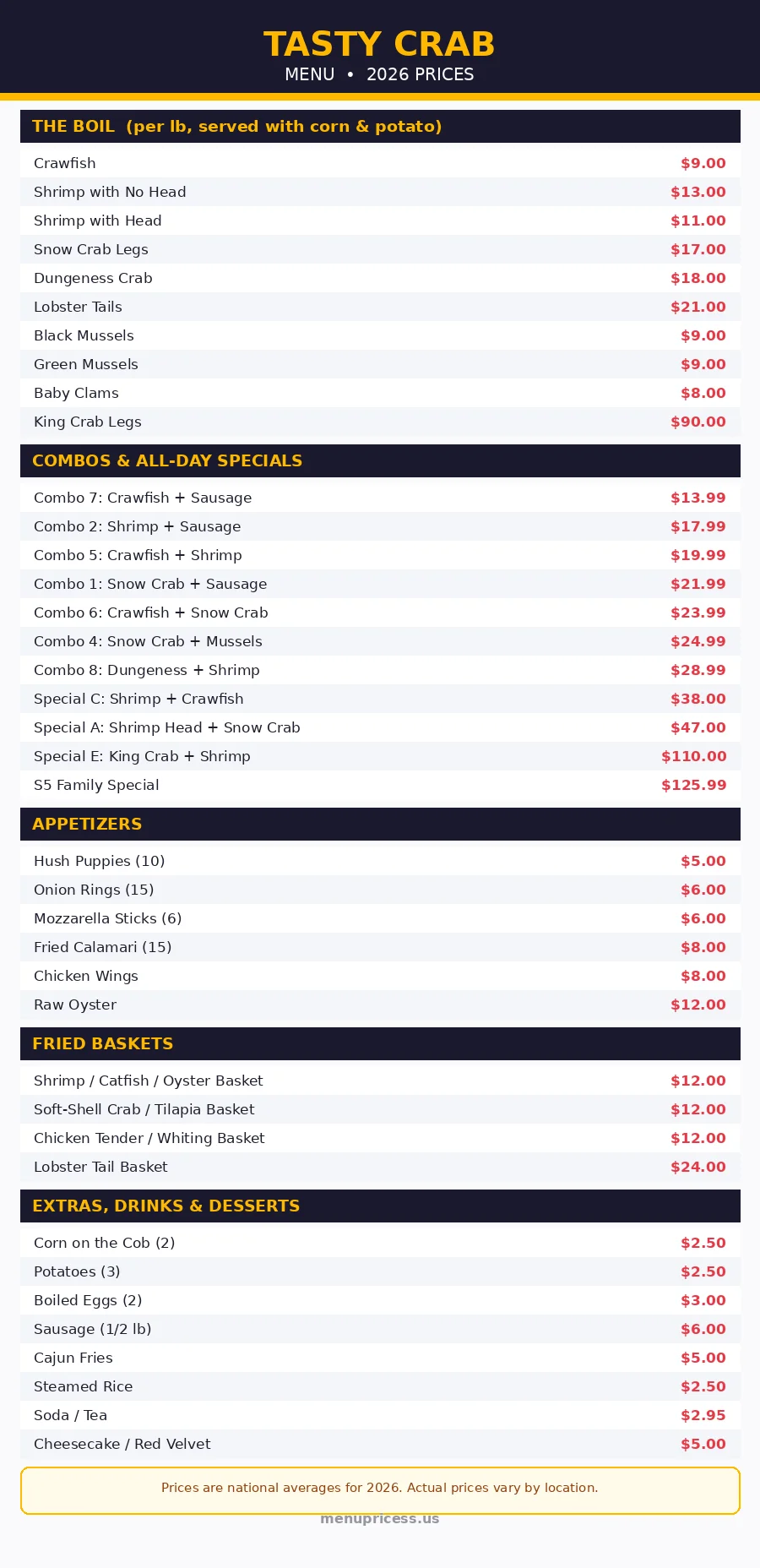Tasty Crab menu card 2026 with seafood boil prices