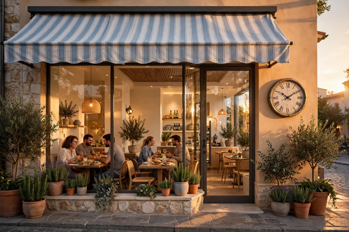 Taziki's working hours guide: Mediterranean cafe storefront at golden hour