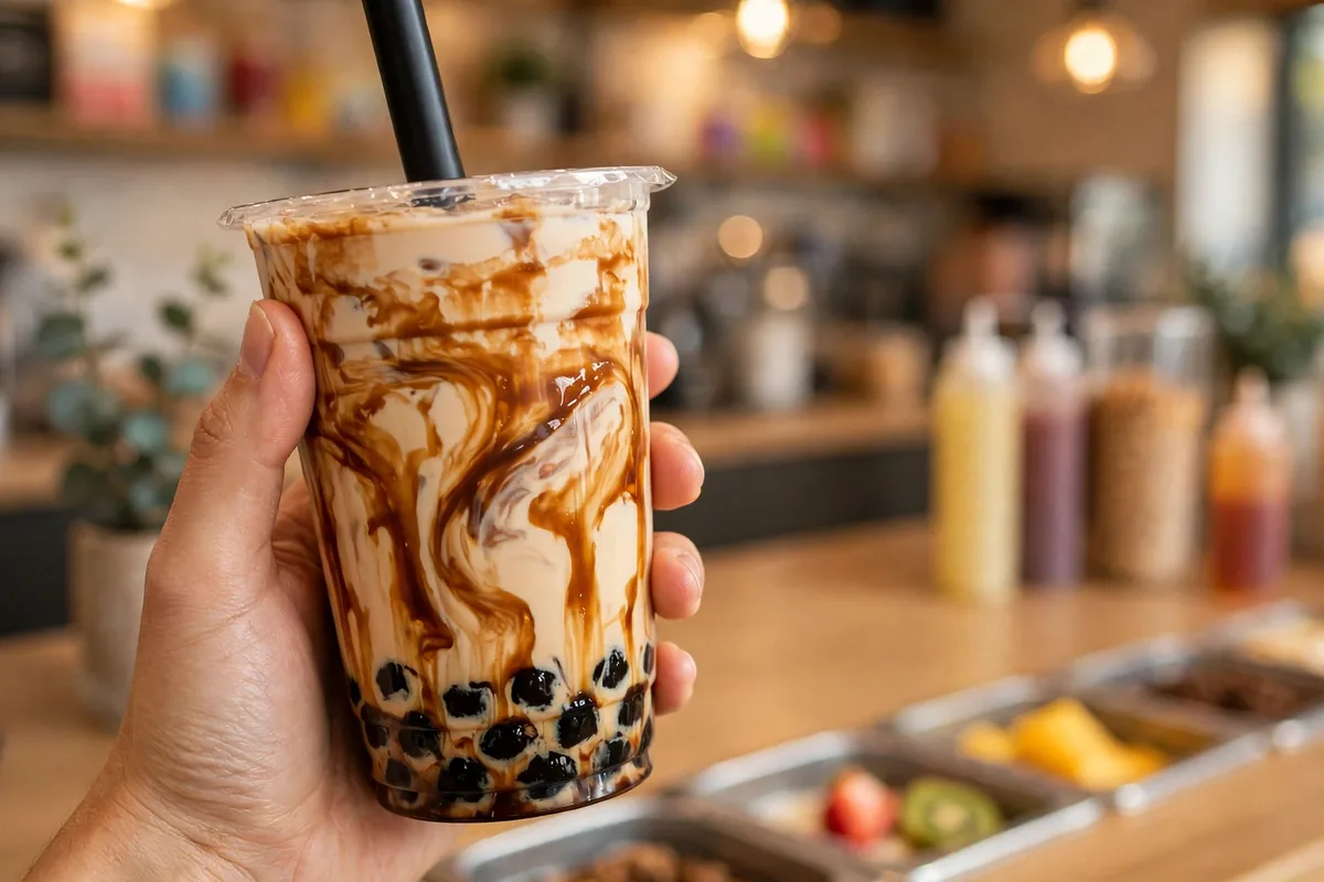 Teaspoon menu - brown sugar boba milk tea close-up with chewy pearls
