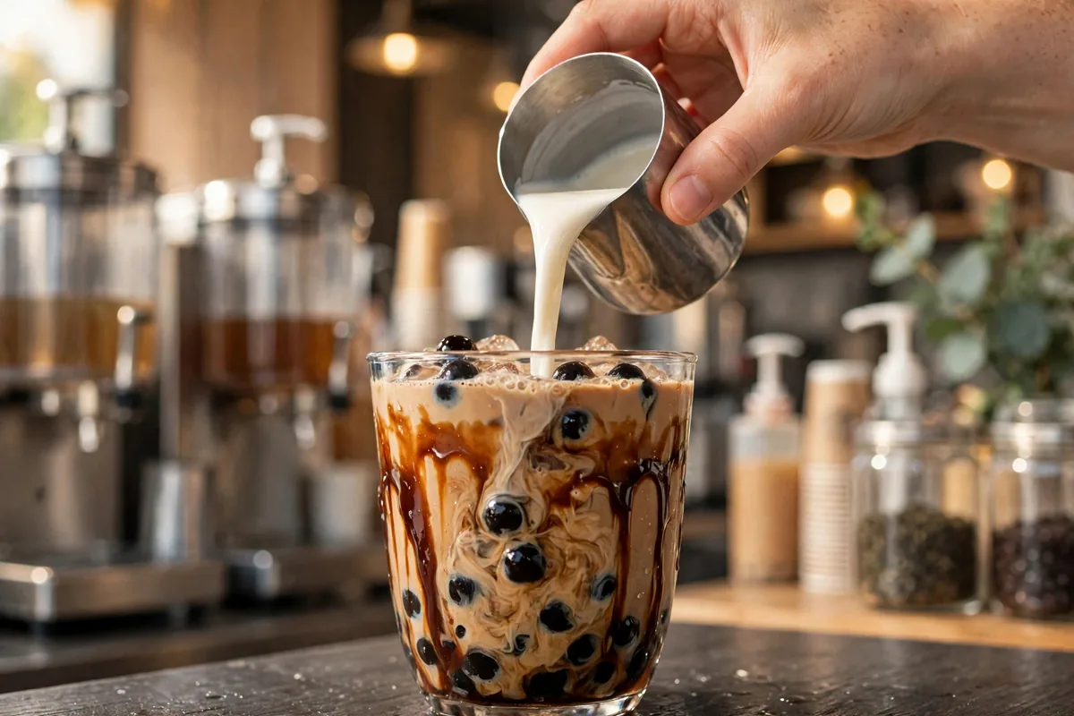 The Alley brown sugar boba milk tea being poured with tapioca pearls swirling in the cup