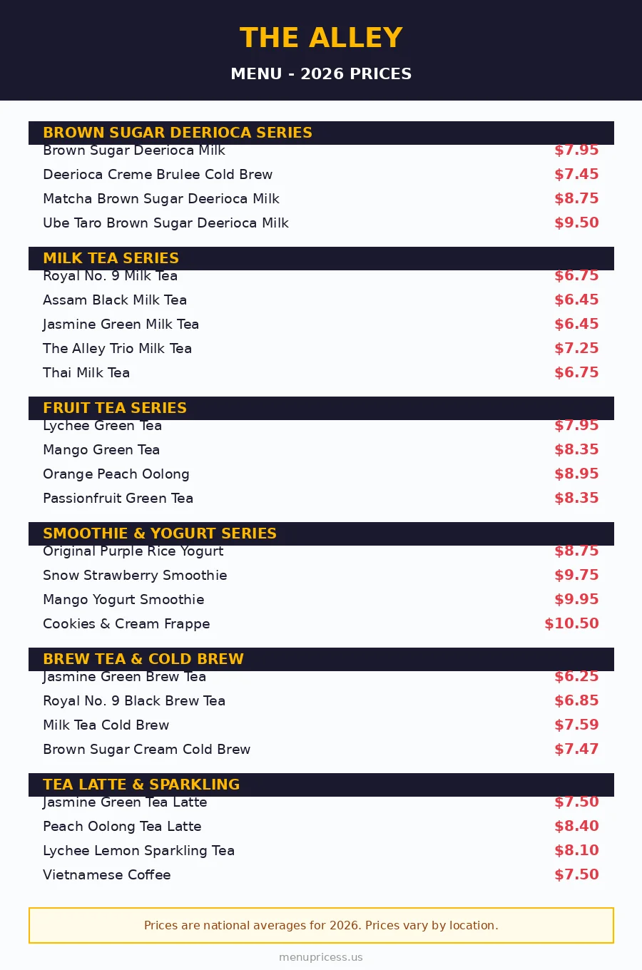 The Alley menu prices 2026 menu card with Brown Sugar Deerioca, milk tea, fruit tea and smoothie prices