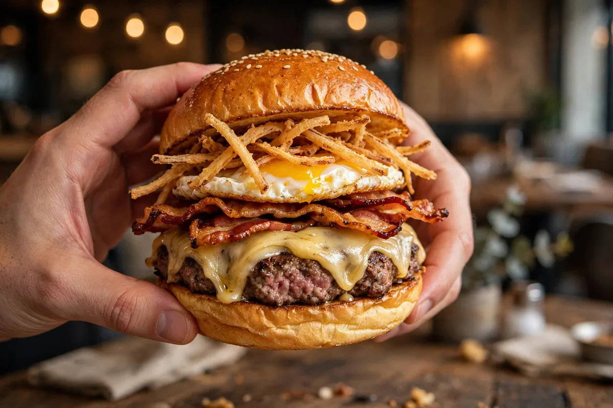 The Counter menu prices bacon breakfast burger with egg close-up in hands