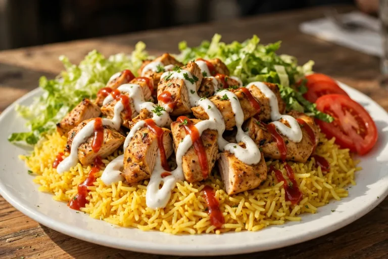 The Halal Guys menu calories: chicken platter over rice with white sauce