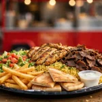 The Halal Guys deals and coupons 2026 - combo platter with chicken, gyro, fries and pita
