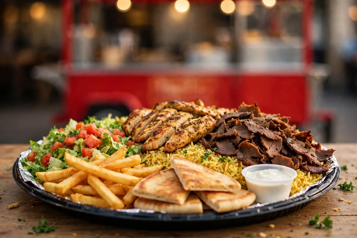 The Halal Guys deals and coupons 2026 - combo platter with chicken, gyro, fries and pita