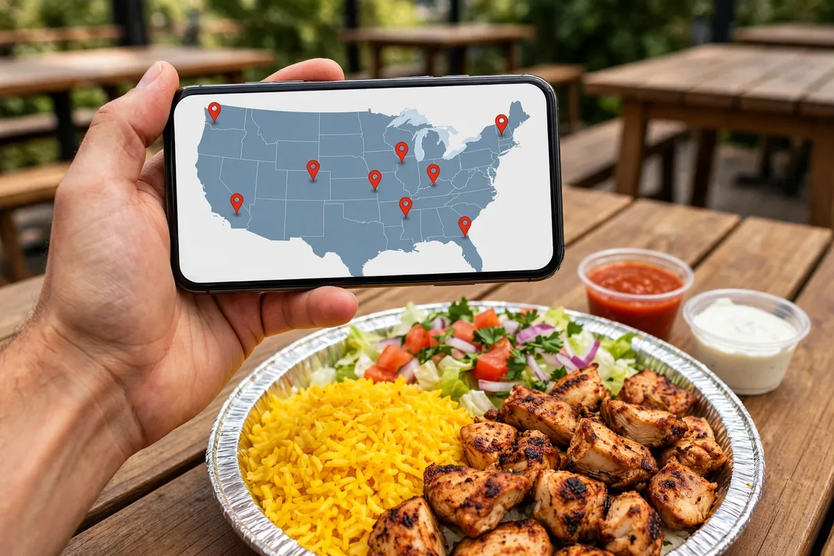 Finding Halal Guys locations near me with a store locator map on a smartphone