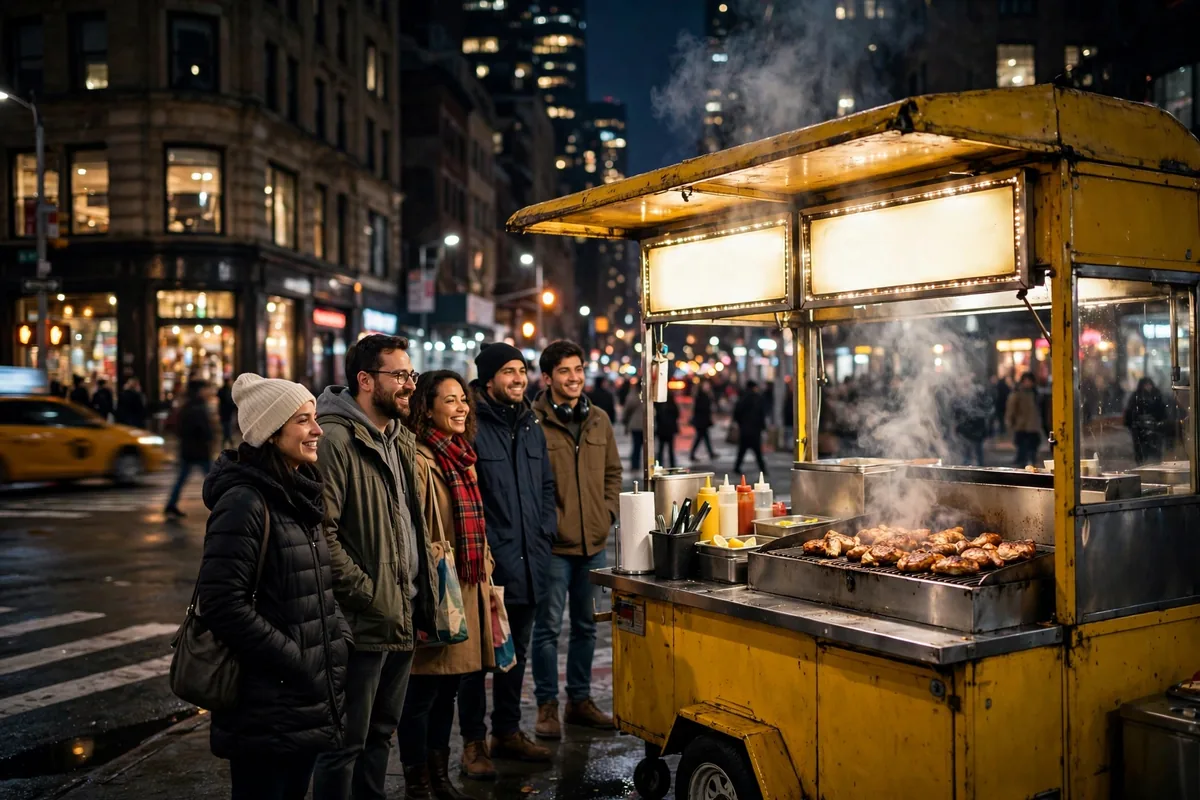 The original Halal Guys food cart in New York City at night