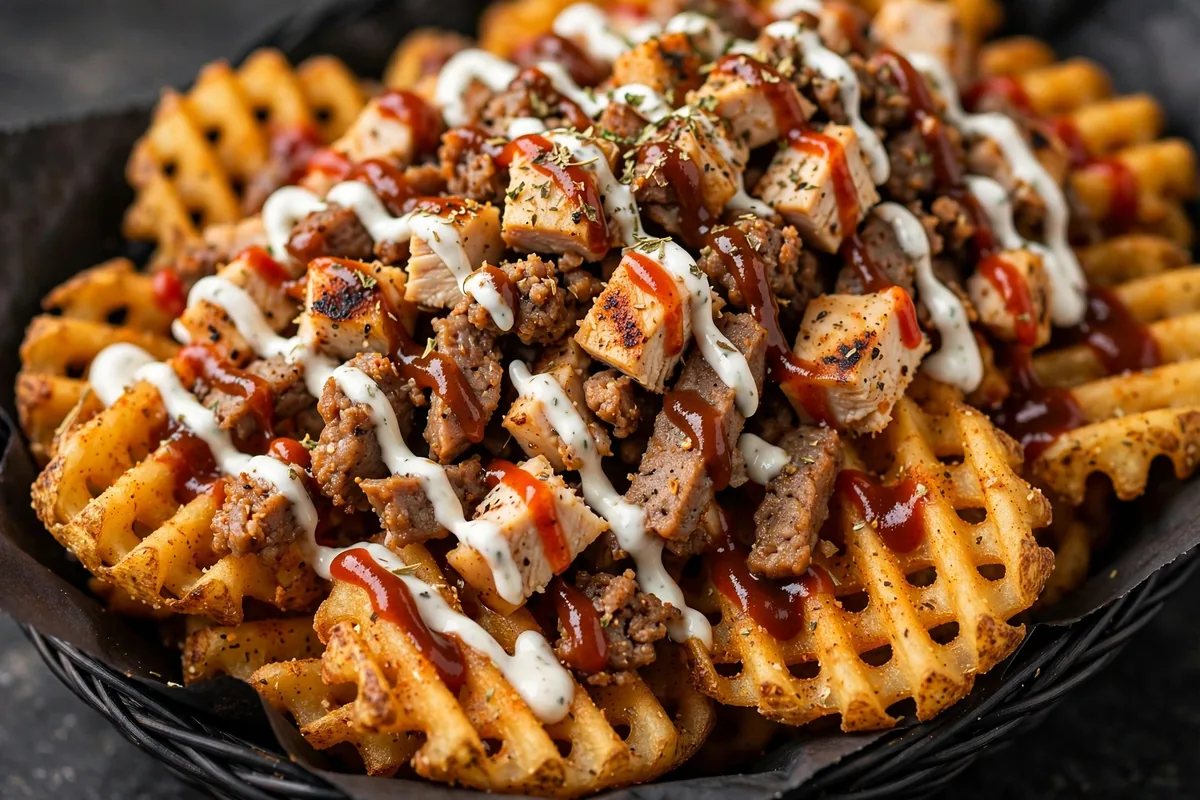 Halal Guys secret menu loaded waffle fries with chicken and white sauce