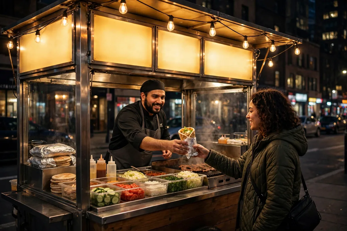 Ordering The Halal Guys secret menu at a night food cart