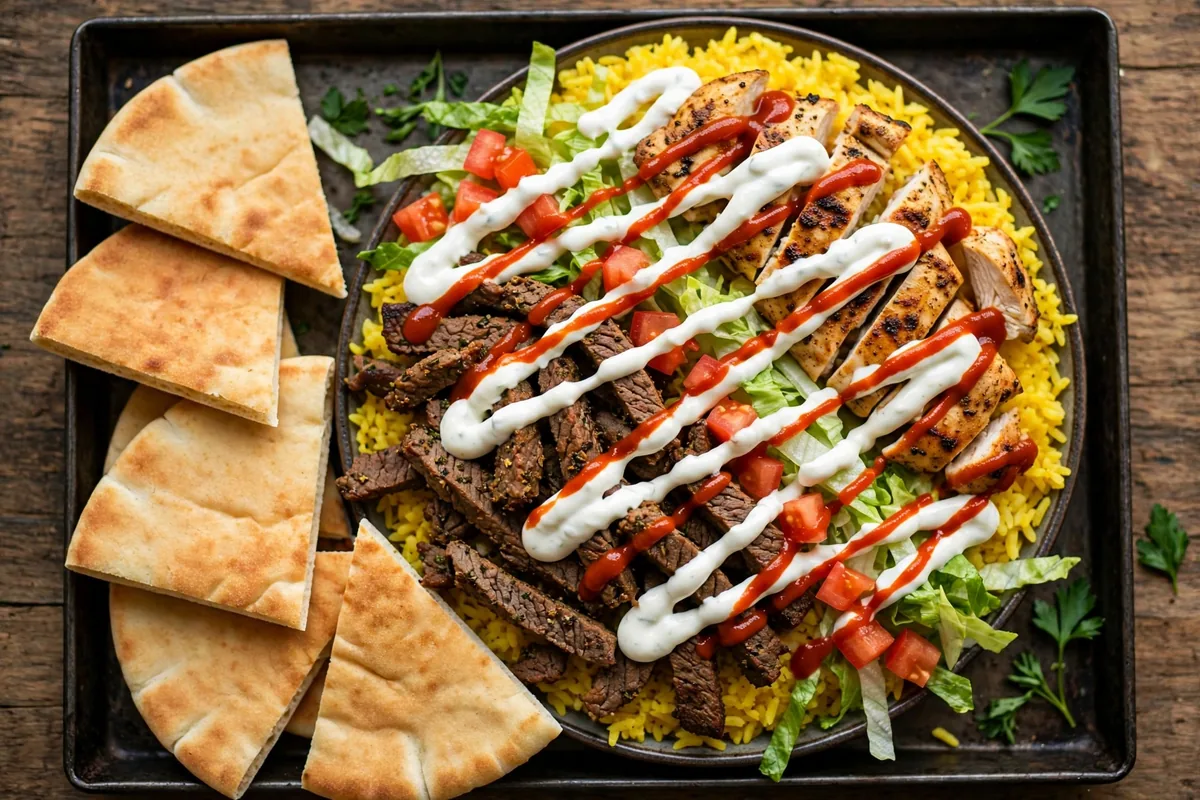 The Halal Guys secret menu loaded platter with white sauce drizzle