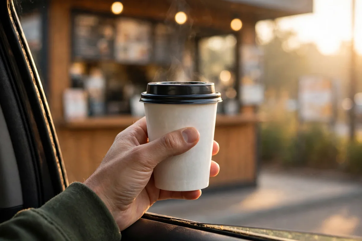 The Human Bean locations drive-thru pickup window with a fresh coffee cup