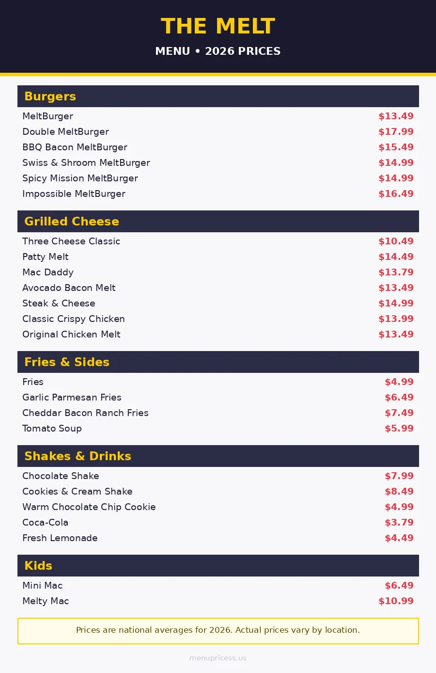 The Melt menu prices 2026 menu card